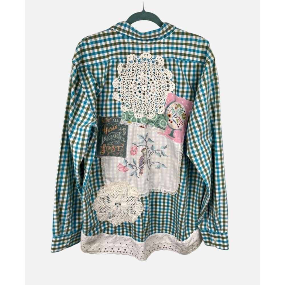 Cottagecore Patchwork Gingham Mixed Print Shirt Cotton Upcycled Look 2X 3X